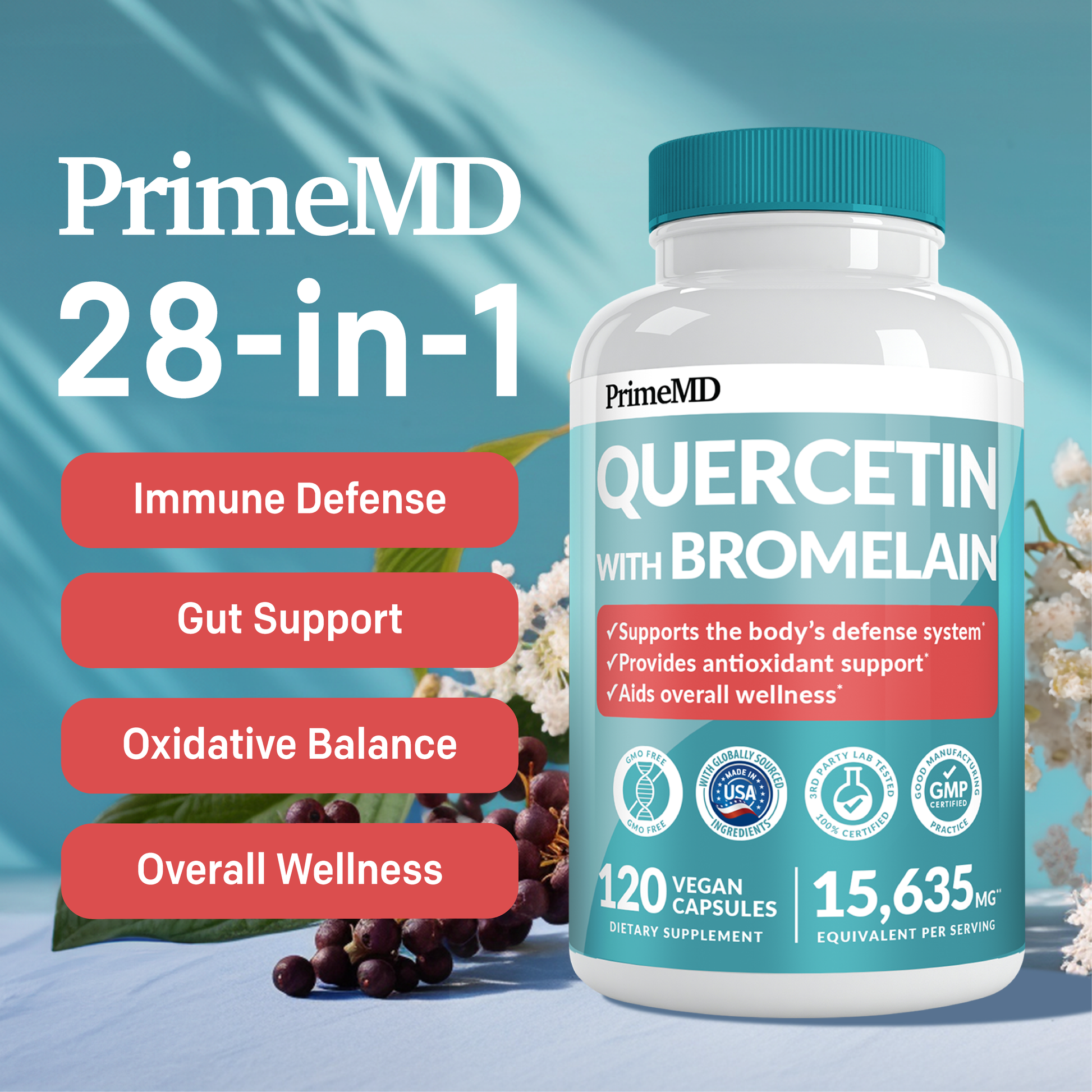 4-in-1 Fish Oil Omega 3 Supplements (2100mg) - Omega 3 Fish Oil with Vitamins D3 & K2 and CoQ10 & 28-in-1 Quercetin with Bromelain Supplement for Daily Immune Defense Support - PrimeMD