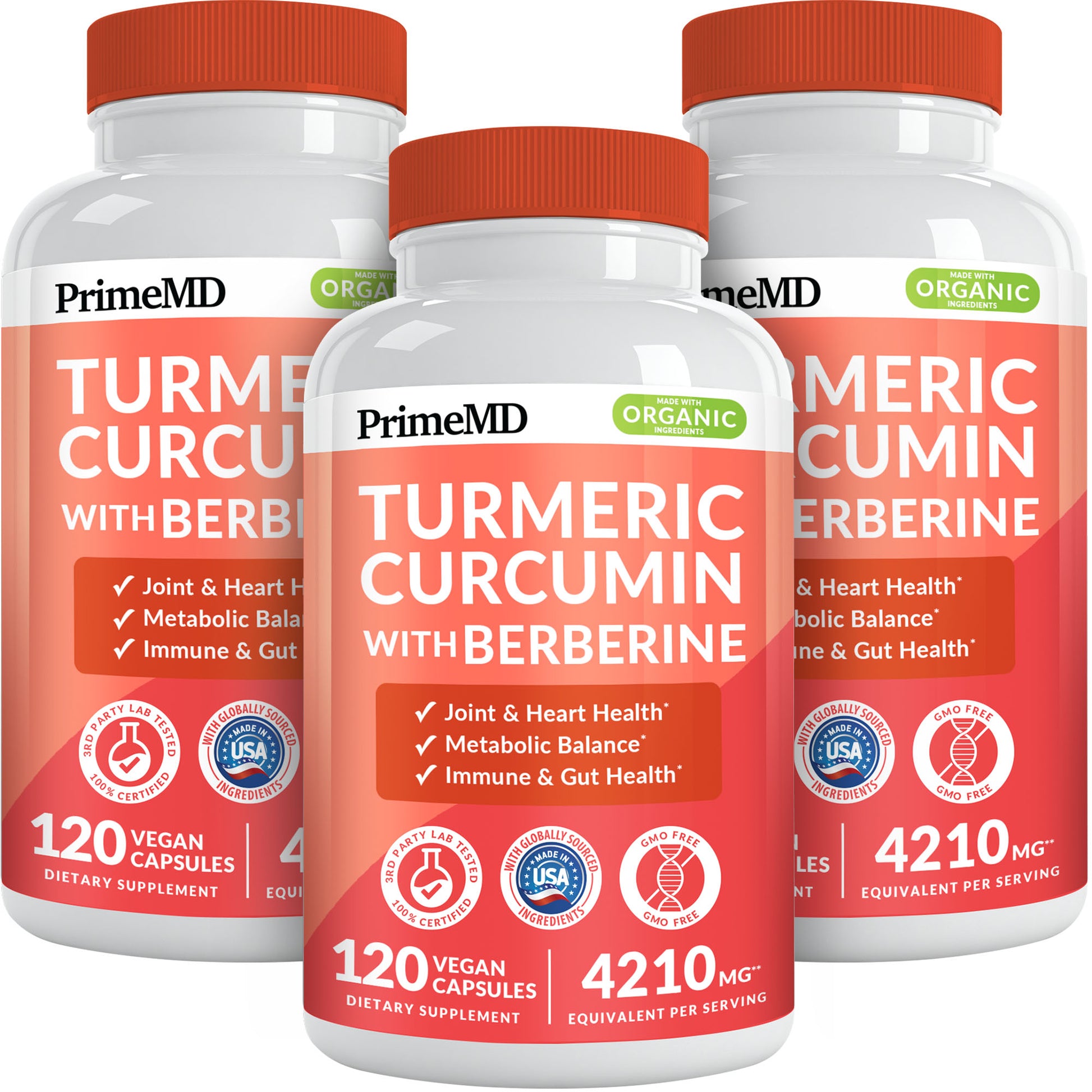 5-in-1 Organic Turmeric Curcumin Supplement (4210mg) with Berberine, Ceylon Cinnamon Bioperine and Ginger Supplements for Joint, Heart, Gut, & Metabolic Support - PrimeMD