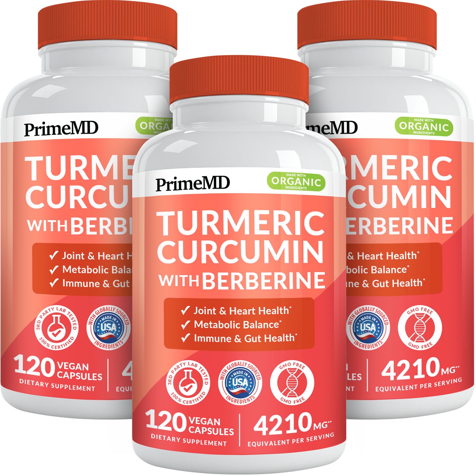 5-in-1 Organic Turmeric Curcumin Supplement (4210mg) with Berberine, Ceylon Cinnamon Bioperine and Ginger Supplements for Joint, Heart, Gut, & Metabolic Support - PrimeMD