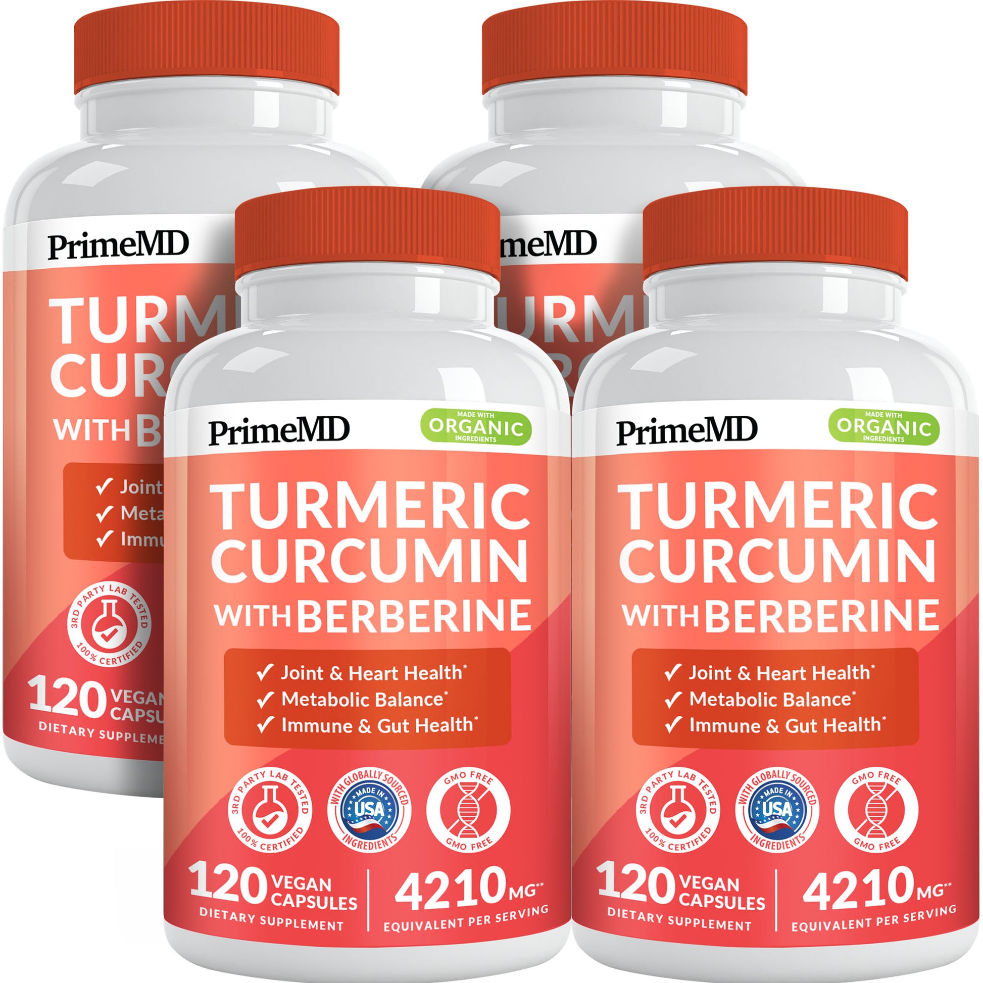 5-in-1 Organic Turmeric Curcumin Supplement (4210mg) with Berberine, Ceylon Cinnamon Bioperine and Ginger Supplements for Joint, Heart, Gut, & Metabolic Support - PrimeMD