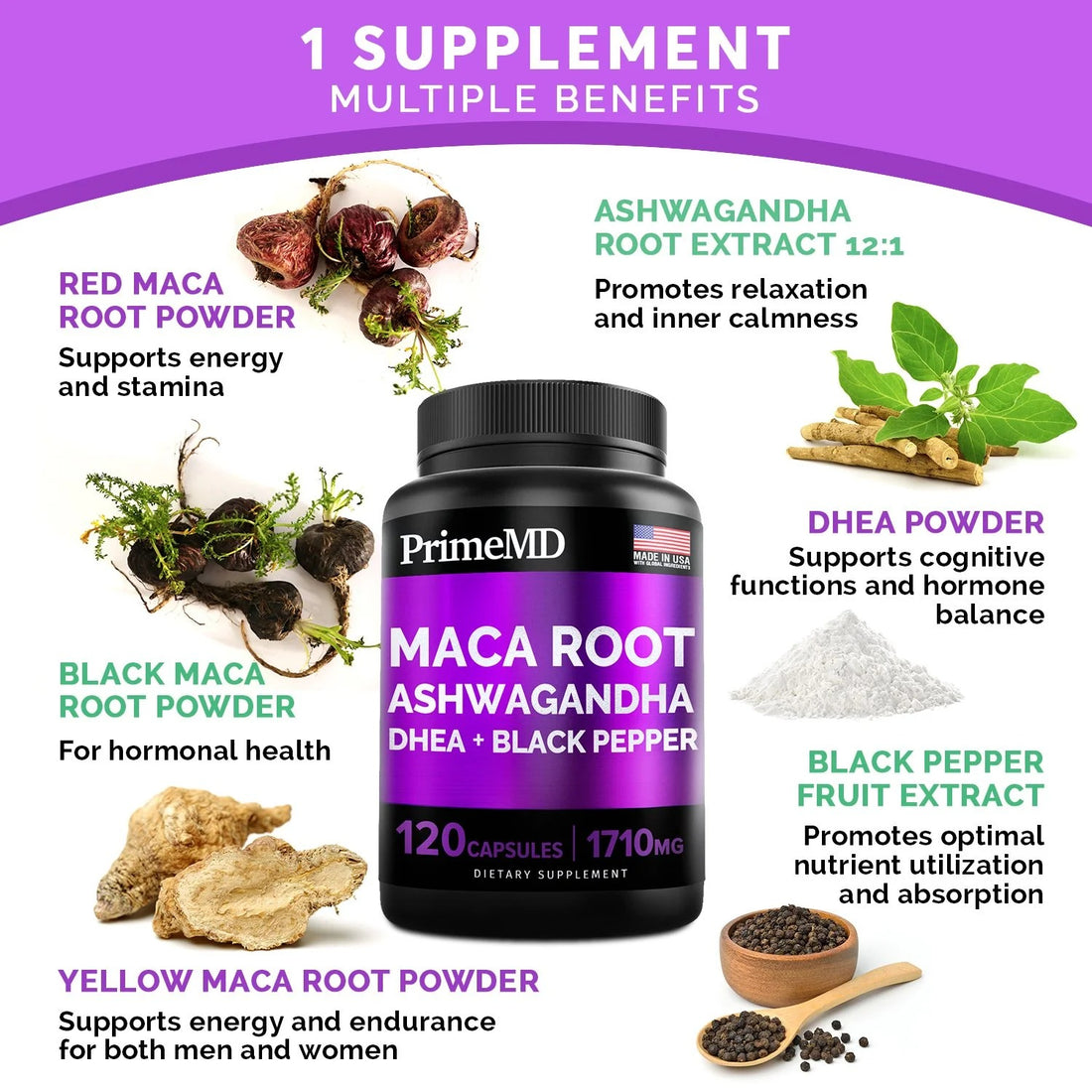 6-in-1 Organic Maca Root & Ashwagandha Supplement - PrimeMD