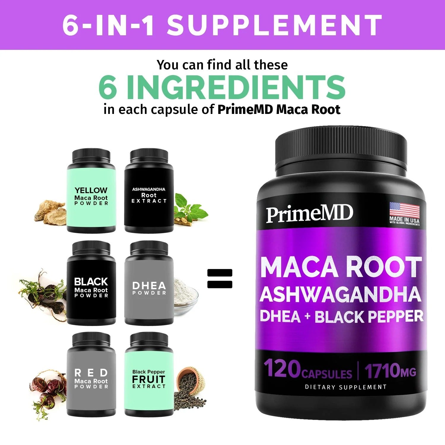 6-in-1 Organic Maca Root & Ashwagandha Supplement - PrimeMD