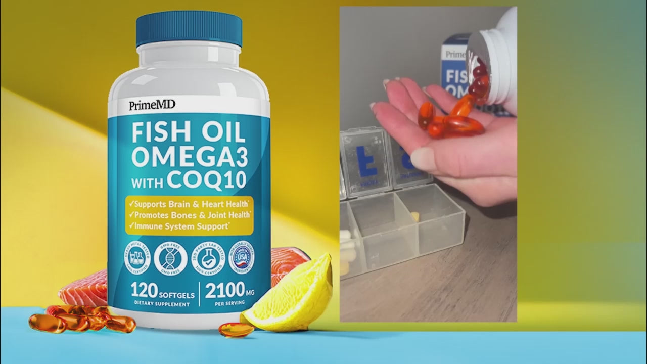 5-in-1 Fish Oil Omega 3 Fatty Supplements (2100mg) - Omega 3 Fish Oil with Vitamins D3 K2 and CoQ10